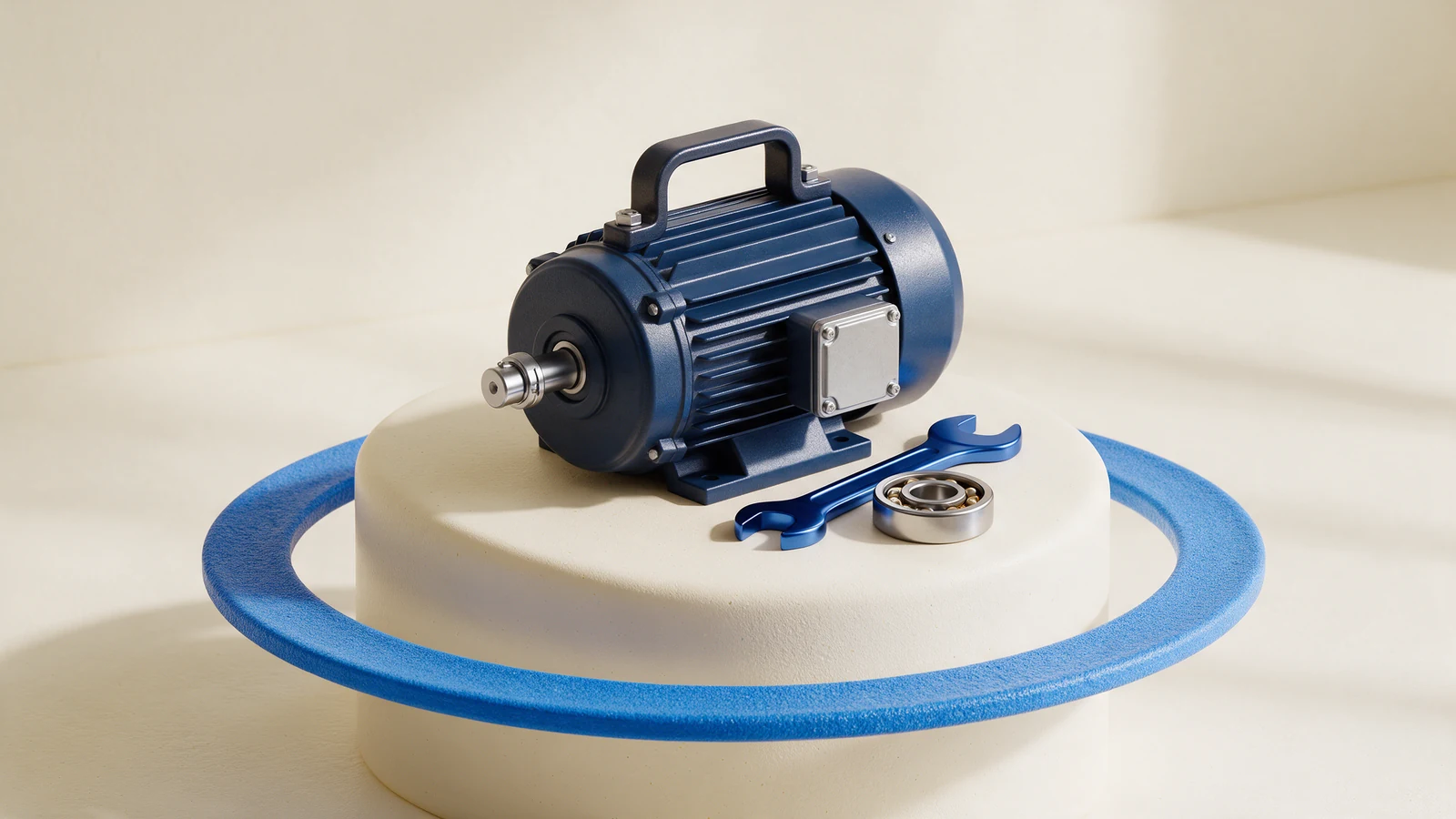 Illustration of a navy industrial motor, blue wrench and silver bearing within a blue maintenance loop.