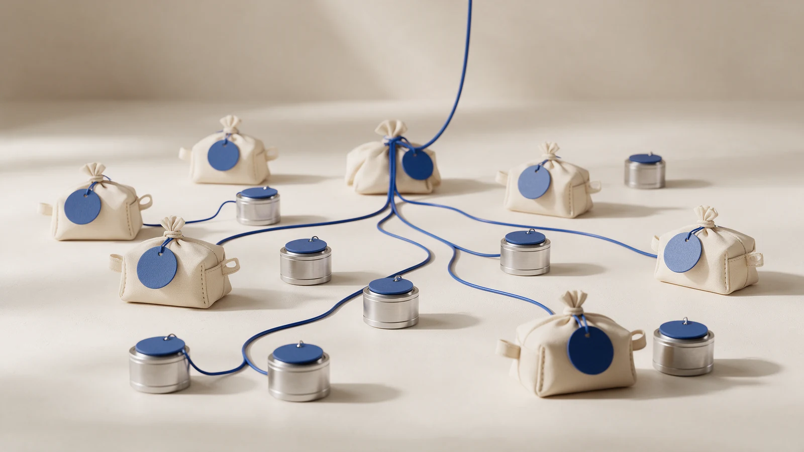 Illustration of blue cords connecting tagged cream parcels and silver cylinders to show traceability.