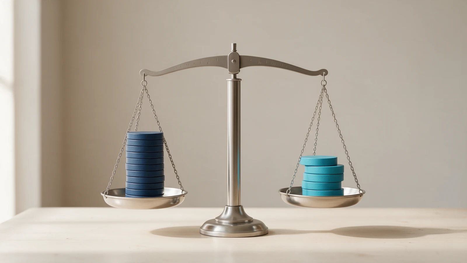 Conceptual illustration of a balance scale with weights for implementation costs