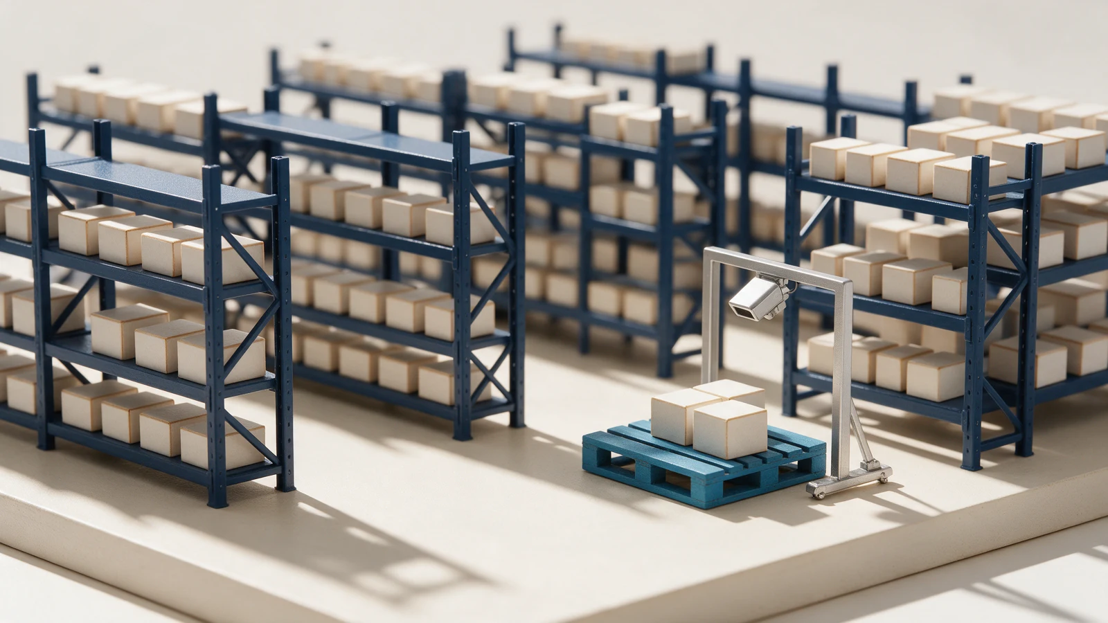 Conceptual illustration of miniature warehouse shelves for inventory and purchasing