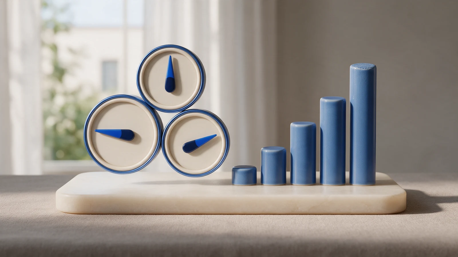 Illustration of three physical blue gauges and ascending blue columns on a cream base.