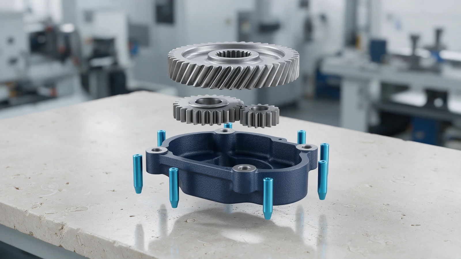 Conceptual illustration of an exploded gear assembly for manufacturing planning