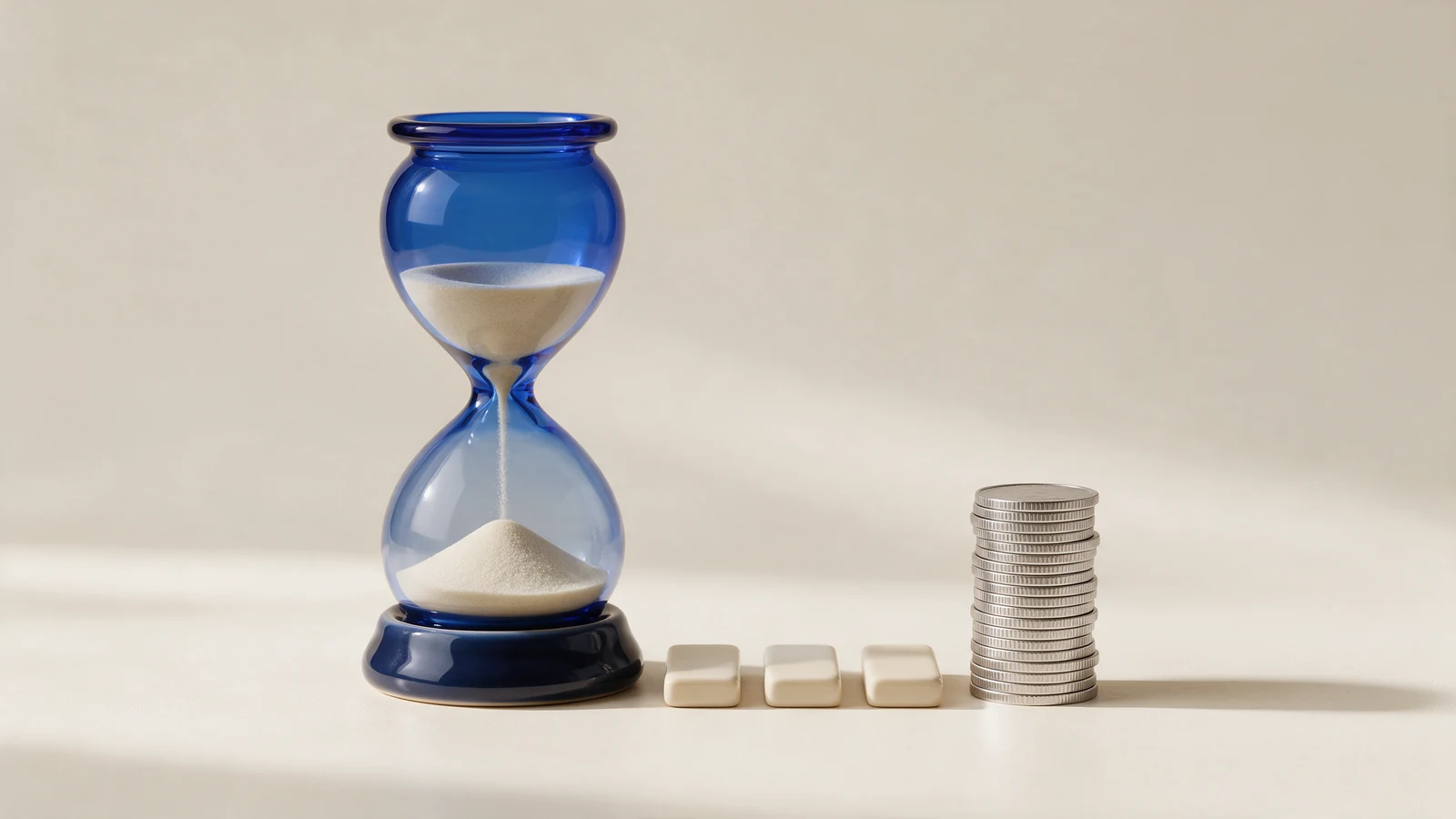 Illustration of a blue glass hourglass, cream work tiles and a stack of silver coins.