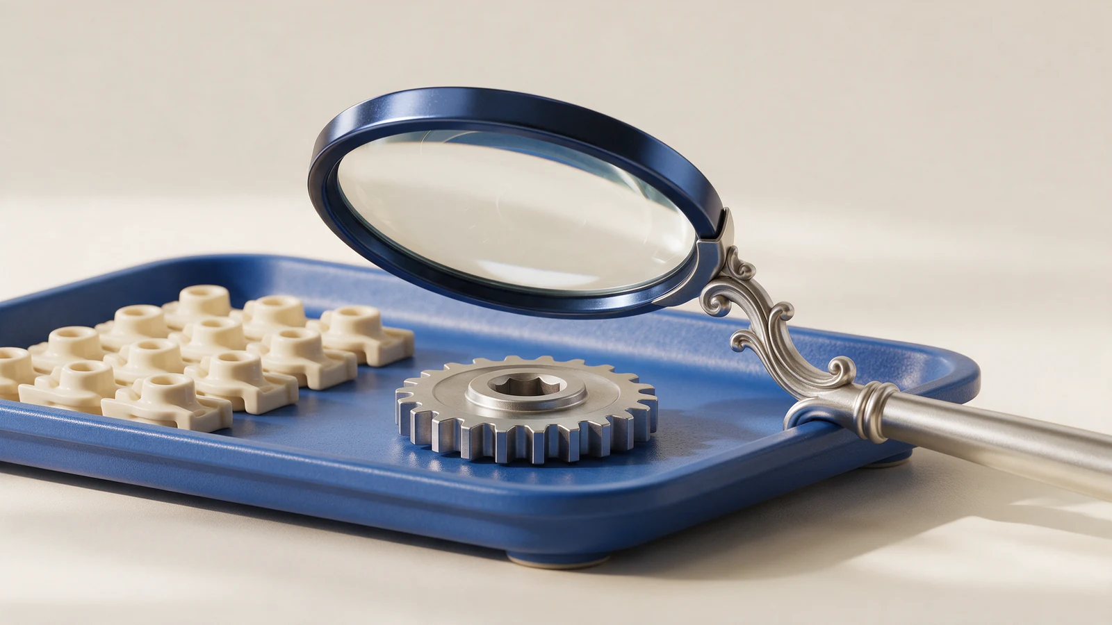 Illustration of a magnifying glass inspecting a silver gear and cream components on a blue tray.