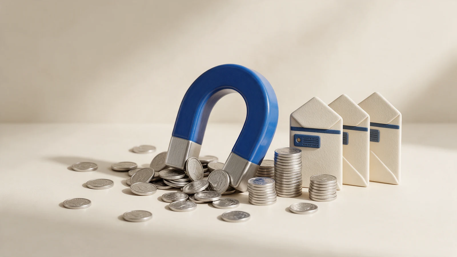 Illustration of a blue horseshoe magnet gathering silver coins beside ivory envelopes.