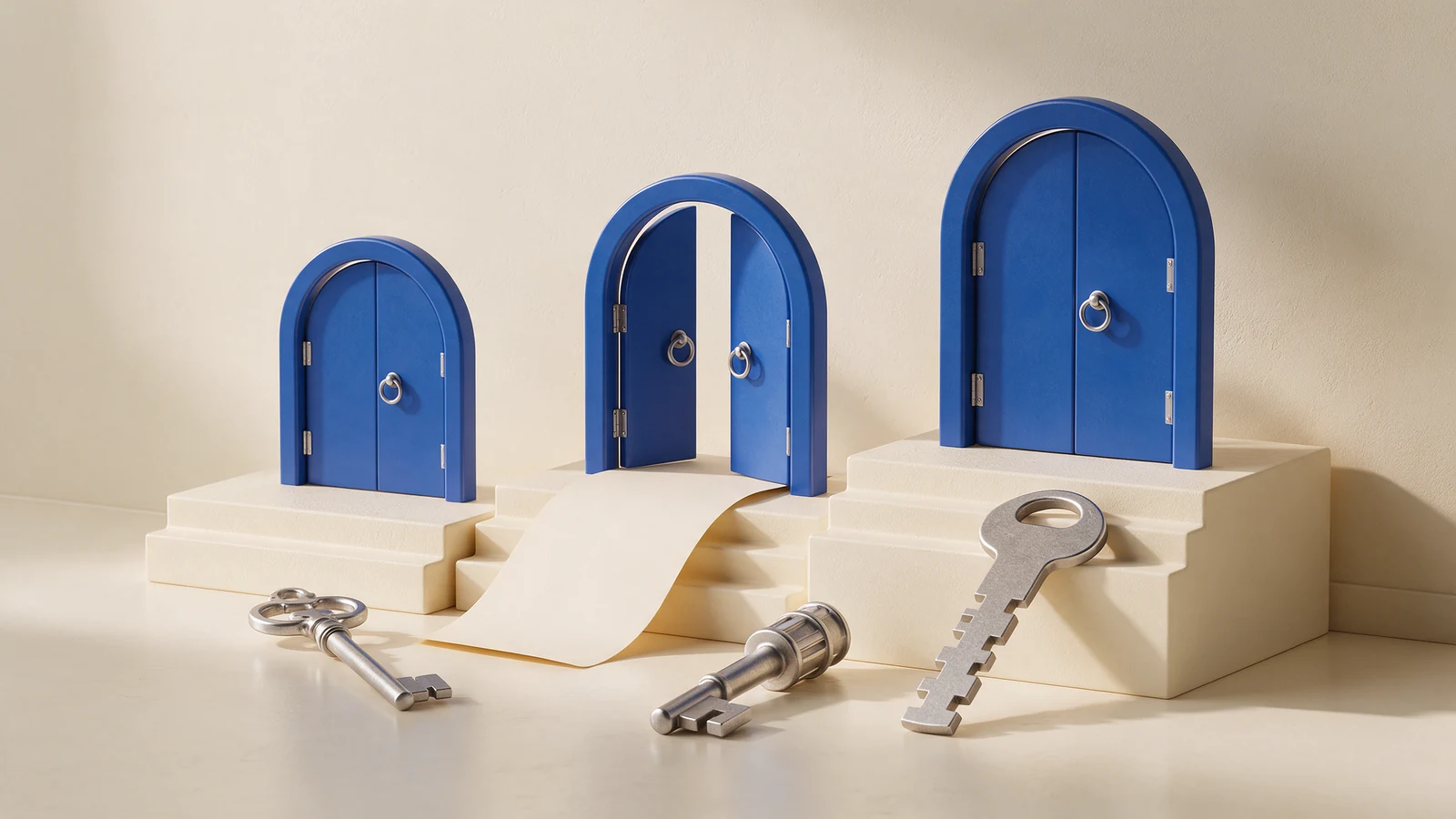 Illustration of three blue approval gates, silver keys and a blank document on stepped cream platforms.