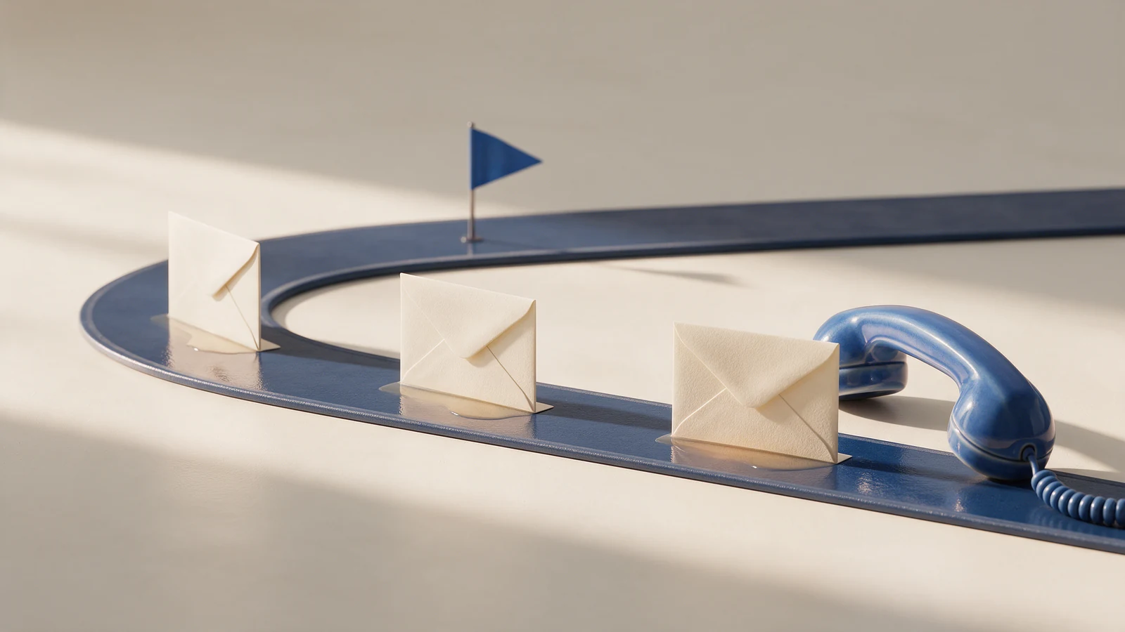 Illustration of ivory envelopes along a navy follow-up track beside a blue telephone and flag.