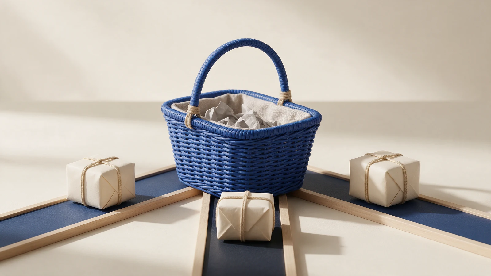Illustration of cream parcels on blue tracks converging around a blue purchasing basket.