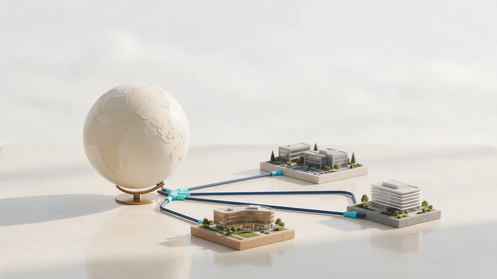 Conceptual illustration of a globe and connected site models for a multi-country rollout
