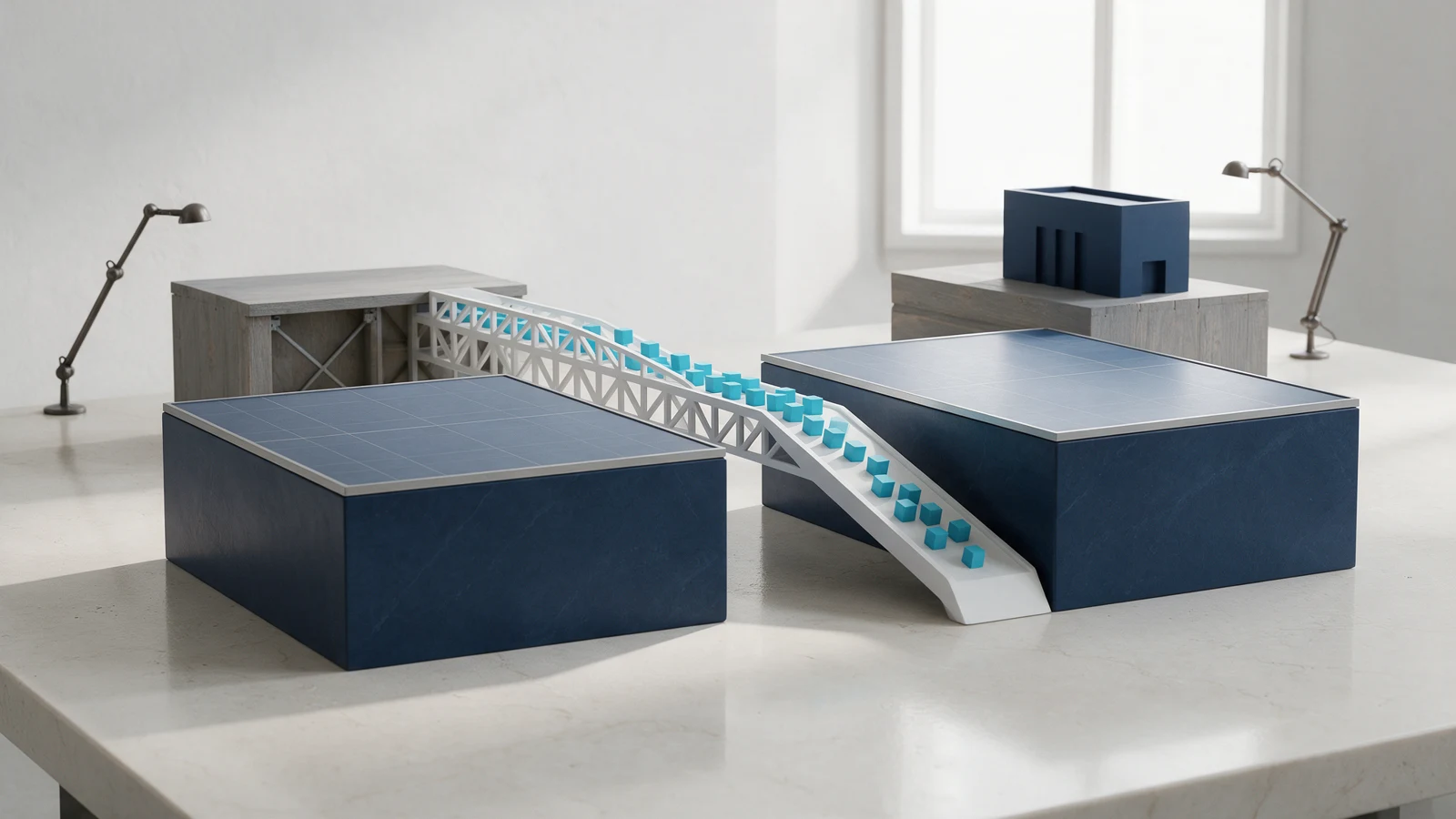Conceptual illustration of a model bridge carrying blocks for ERP migration