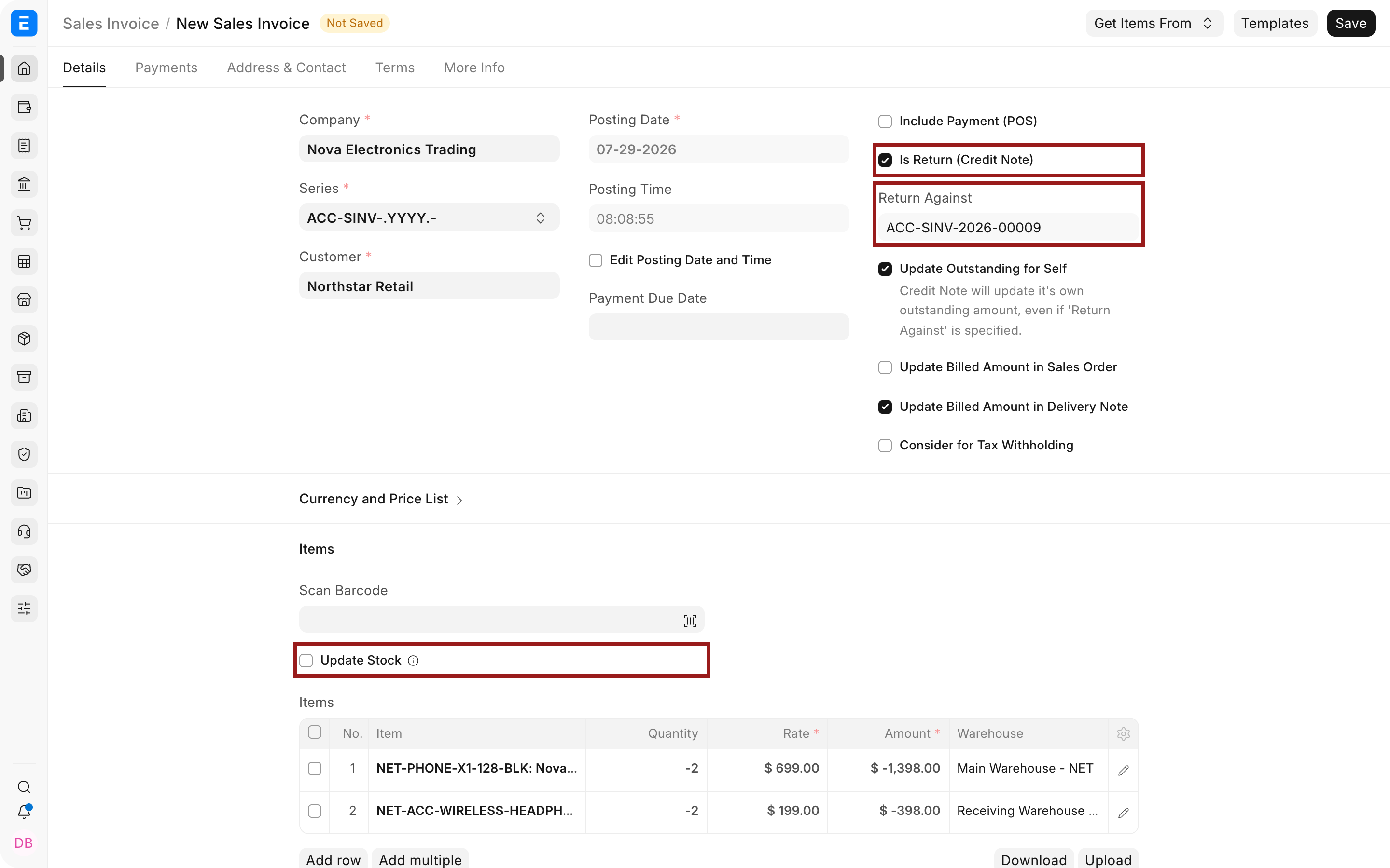 Frappe ERP Credit Note showing the original invoice reference and Update Stock setting