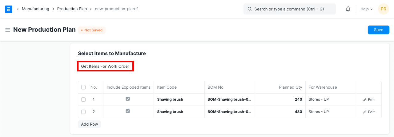Frappe ERP Production Plan showing items to manufacture, BOM numbers and planned quantities