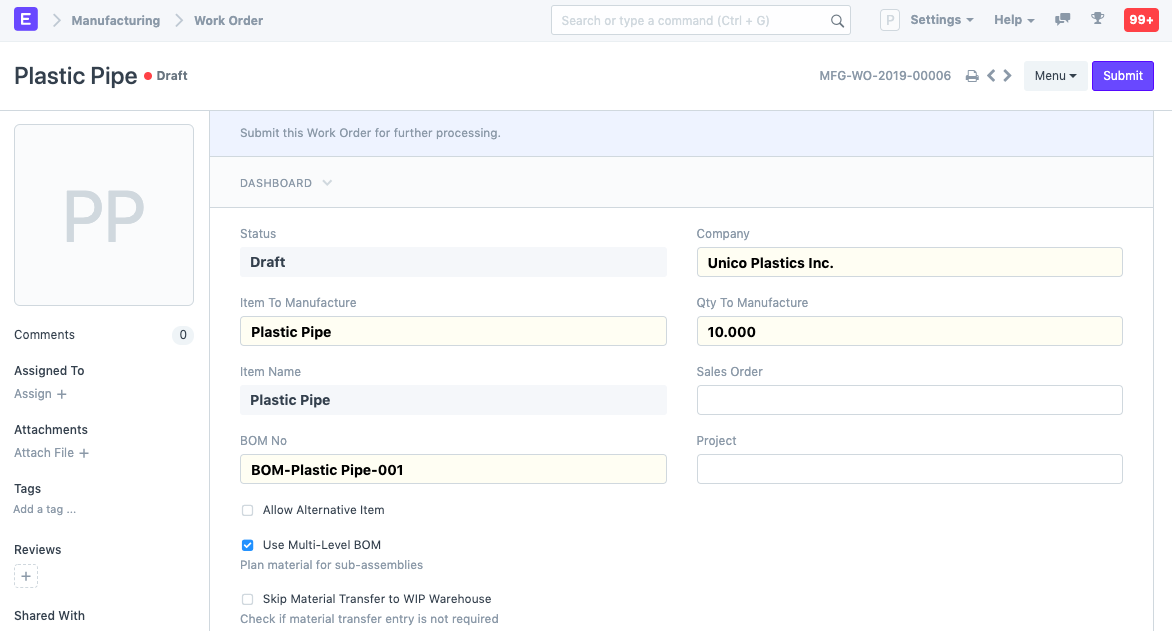 Frappe ERP Work Order for Plastic Pipe with quantity, BOM and multi-level BOM option