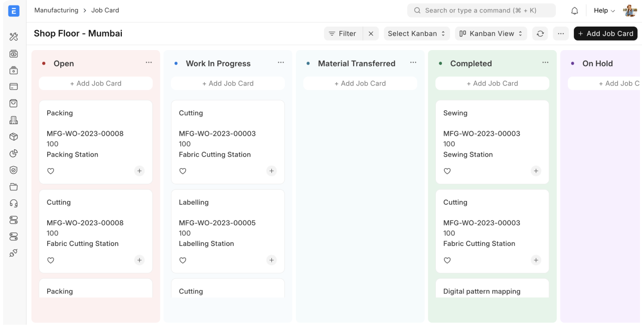 Official Frappe ERP shop floor Kanban showing production stages