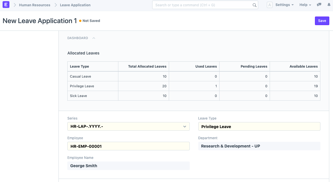 Frappe HR Leave Application with an employee’s allocated leave balances