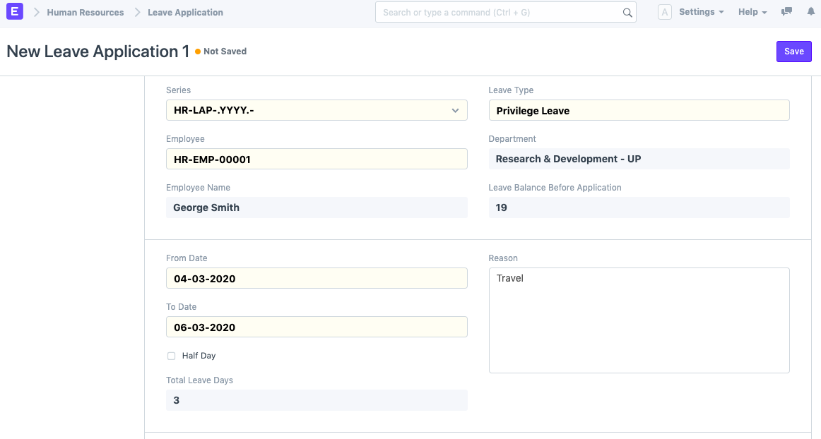 Frappe HR Leave Application showing requested leave type, dates and leave balance