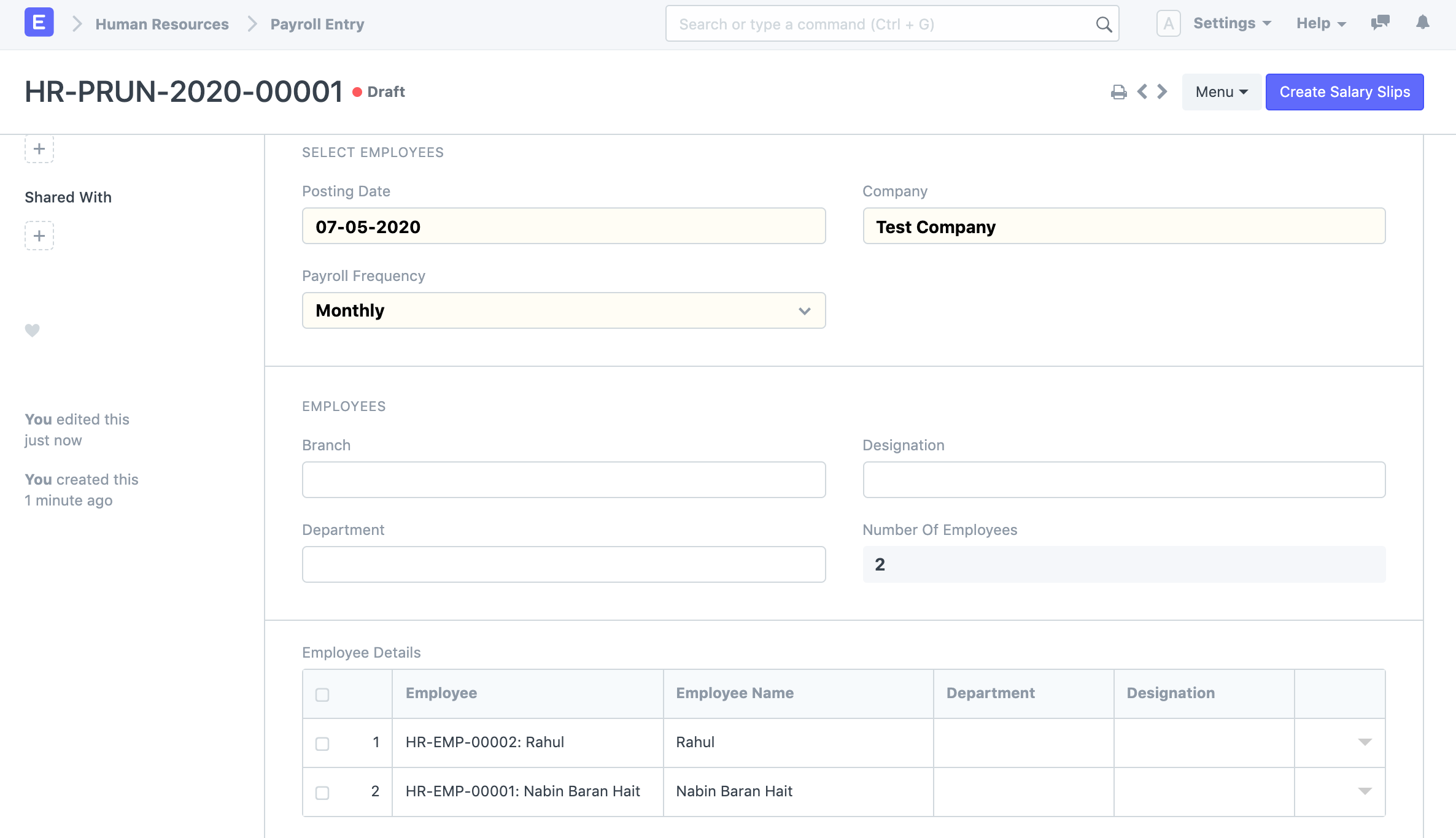 Frappe HR Payroll Entry showing employees selected for a payroll run