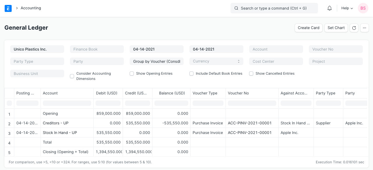 Frappe ERP General Ledger showing purchase invoice entries and balances, from archived v13 documentation
