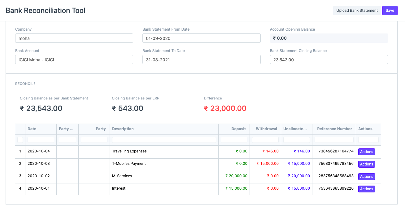 Frappe ERP bank reconciliation tool