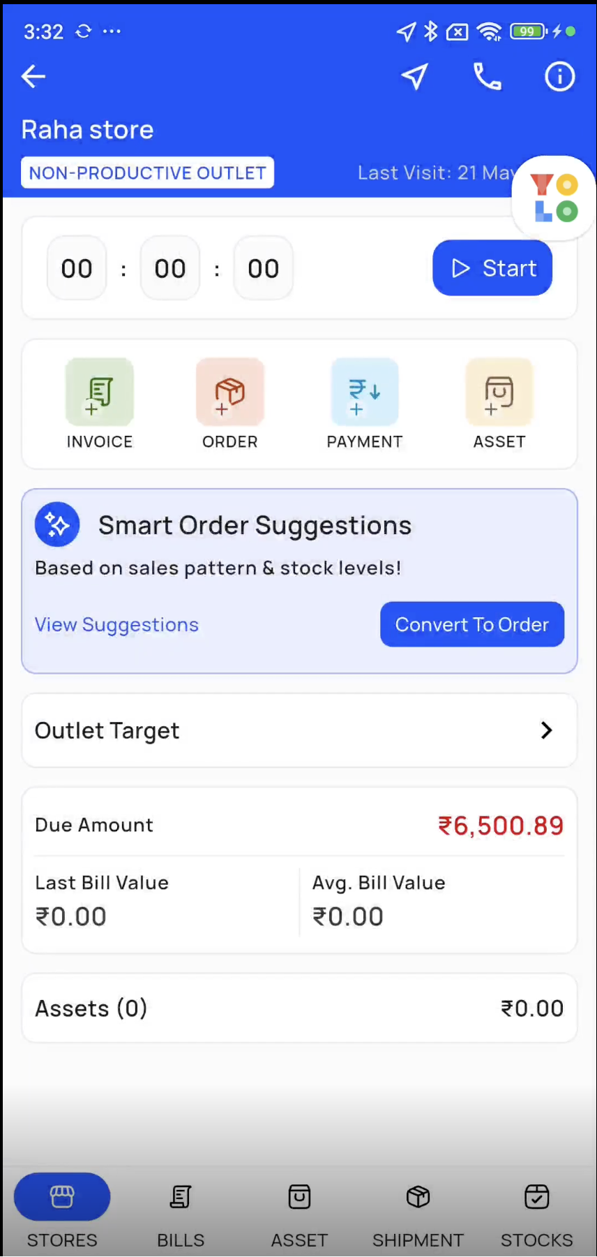 YoloWorks mobile store visit with order, invoice, payment and asset actions using sample data