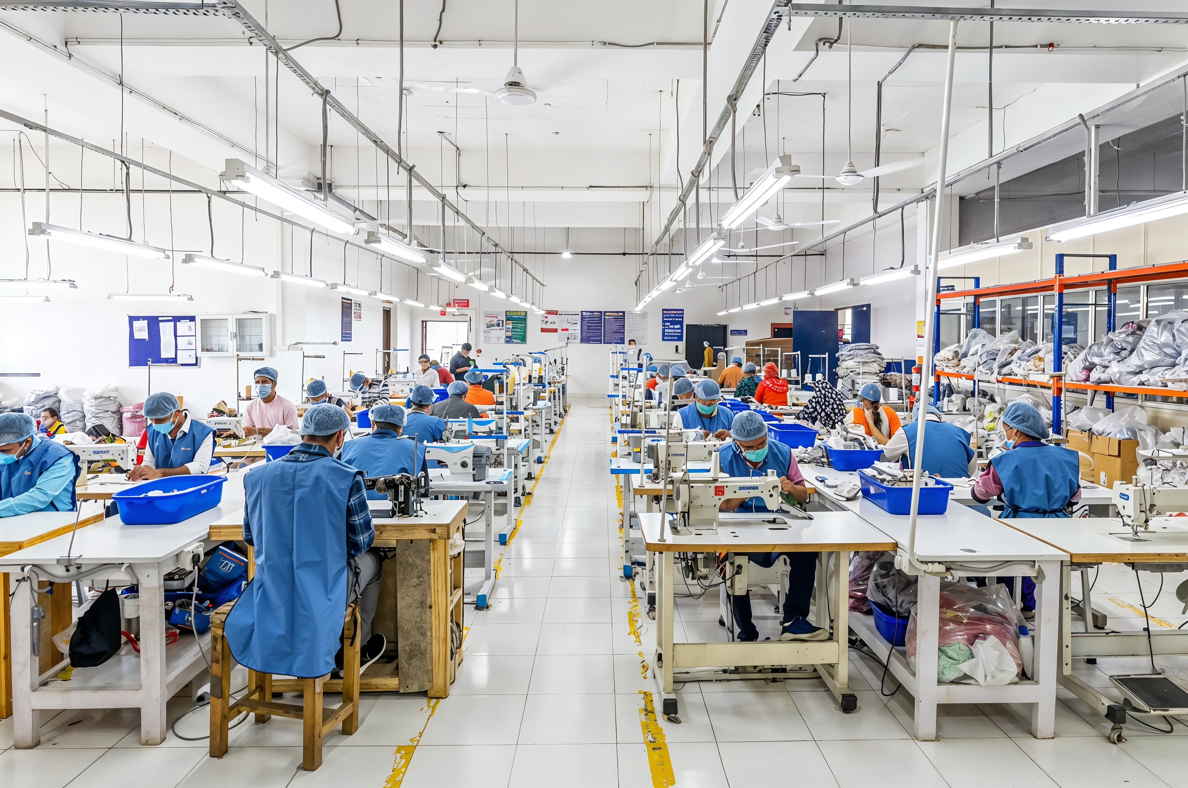 Wide view of Avanti’s production floor with sewing teams and a central aisle